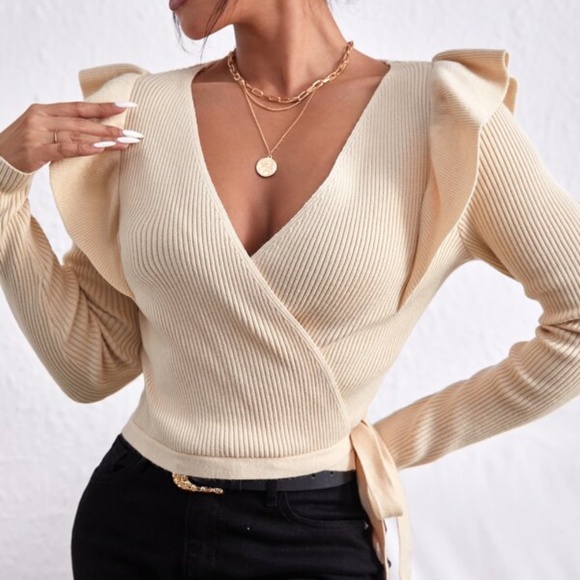 Bellanblue Sweaters - Boho Cream Ruffle Ribbed Crop Sweater Top